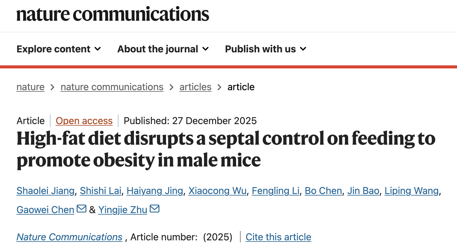 Nature Communications丨深圳先进院脑所/深港脑院朱英杰团队发现高脂饮食导致外侧隔核功能失调进而加剧肥胖的新机制